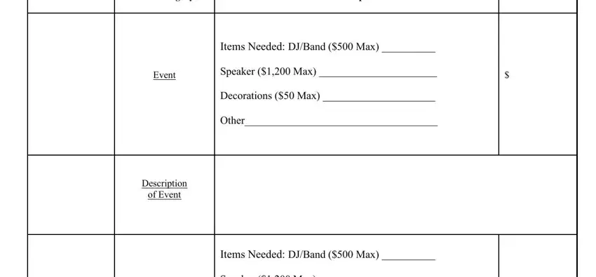 funds request form template Potential Date, Cost Category, Event Funding Request Description, Cost, Items Needed DJBand  Max, Event, Speaker  Max, Decorations  Max, Other, Description of Event, Items Needed DJBand  Max, and Speaker  Max fields to insert