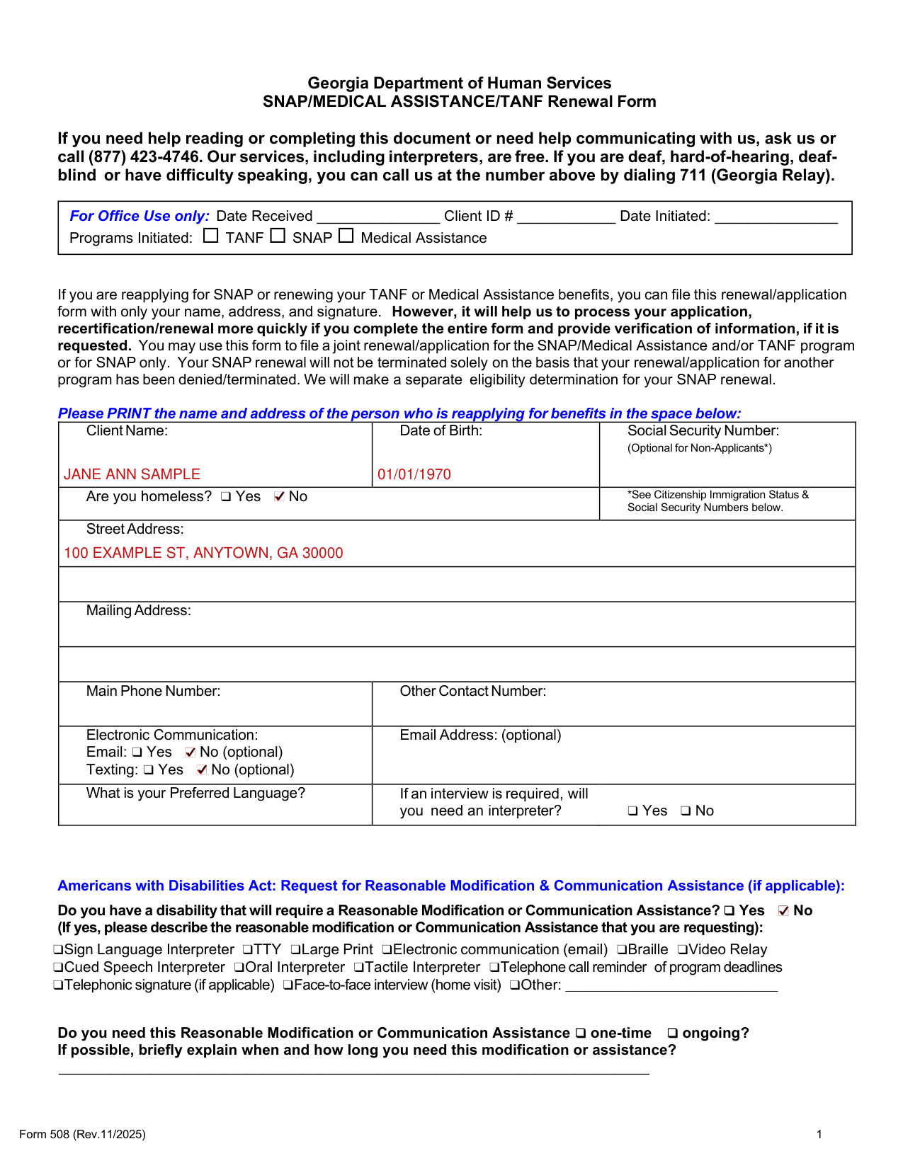 Form 508 example filled out, example: a renewal that starts with the client's own details