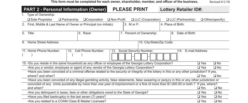 georgia lottery claim form printable Revised, Title, Race, HomeStreetAddress, PercentofOwnershipDateofBirth, CityStateZipCode, HomePhoneNumber, CellPhoneNumberSocialSecurityNumber, EmailAddress, Yes, and NoNoNoNo fields to fill out