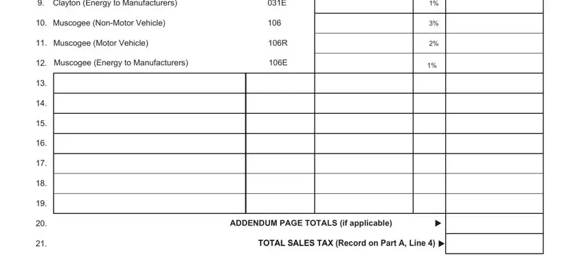 ga sales use tax Clayton Energy to Manufacturers, Muscogee NonMotor Vehicle, Muscogee Motor Vehicle, Muscogee Energy to Manufacturers, ADDENDUM PAGE TOTALS if applicable, and TOTAL SALES TAX Record on Part A blanks to fill out