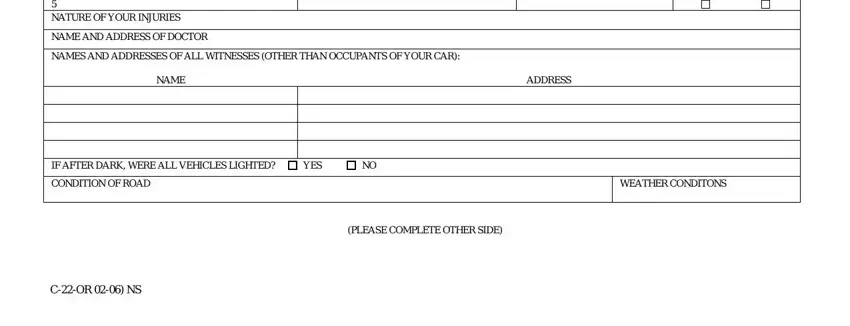 NATURE OF YOUR INJURIES, NAME AND ADDRESS OF DOCTOR, NAMES AND ADDRESSES OF ALL, NAME, ADDRESS, IF AFTER DARK WERE ALL VEHICLES, YES, CONDITION OF ROAD, WEATHER CONDITONS, PLEASE COMPLETE OTHER SIDE, and COR  NS in geico claim