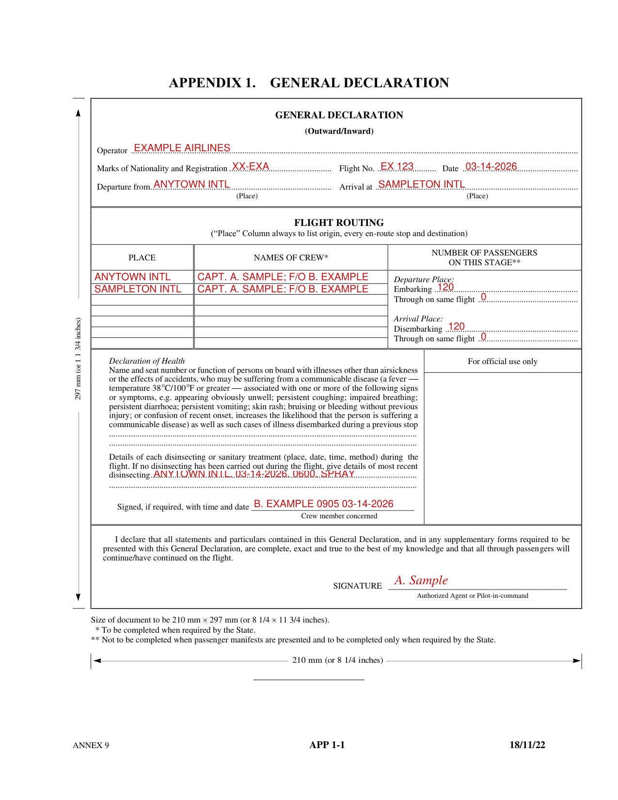 General Declaration (Outward/Inward) example filled out, example: a flight between two airports