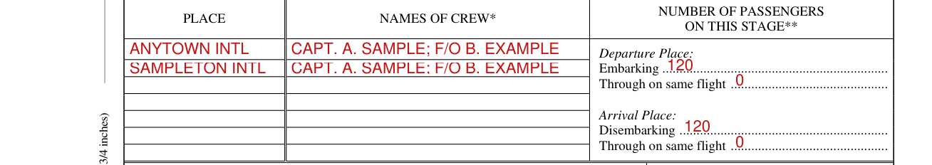 General Declaration (Outward/Inward) example filled out, flight routing