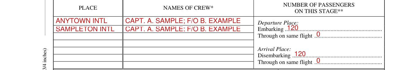 General Declaration (Outward/Inward) example filled out, number of passengers on this stage