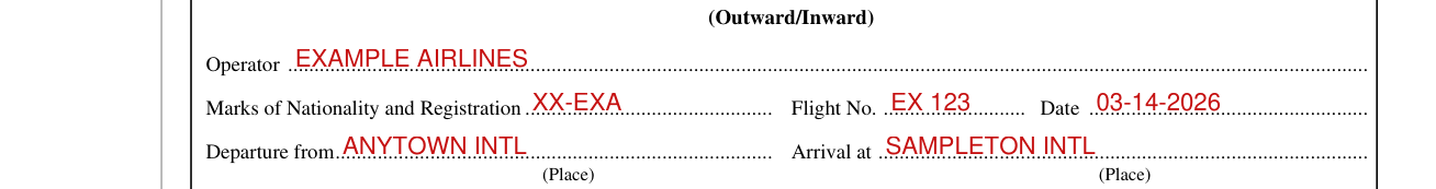 General Declaration (Outward/Inward) example filled out, operator and flight