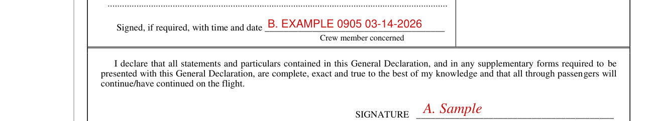 General Declaration (Outward/Inward) example filled out, signatures