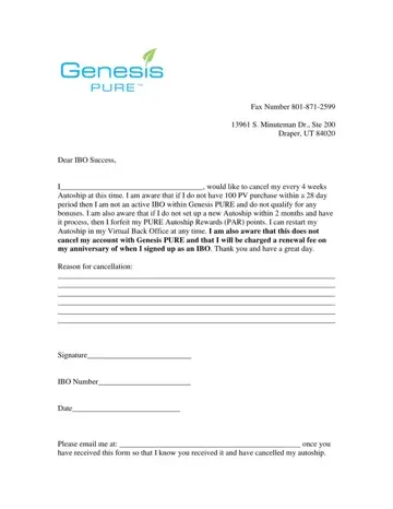 Genesis Pure Autoship Form Preview