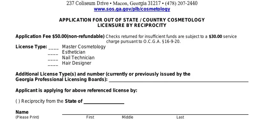 Entering details in state board of cosmetology georgia step 3