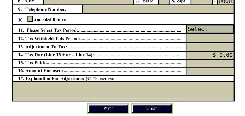 g7 tax form City, Telephone Number, Amended Return, State, Zip, Please Select Tax Period, Tax Withheld This Period, Adjustment To Tax, Tax Due Line   or  Line, Tax Paid, Amount Enclosed, and Explanation For Adjustment fields to fill out