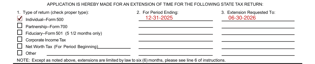 Form IT-303 example filled out, type of return, period ending and extension requested to