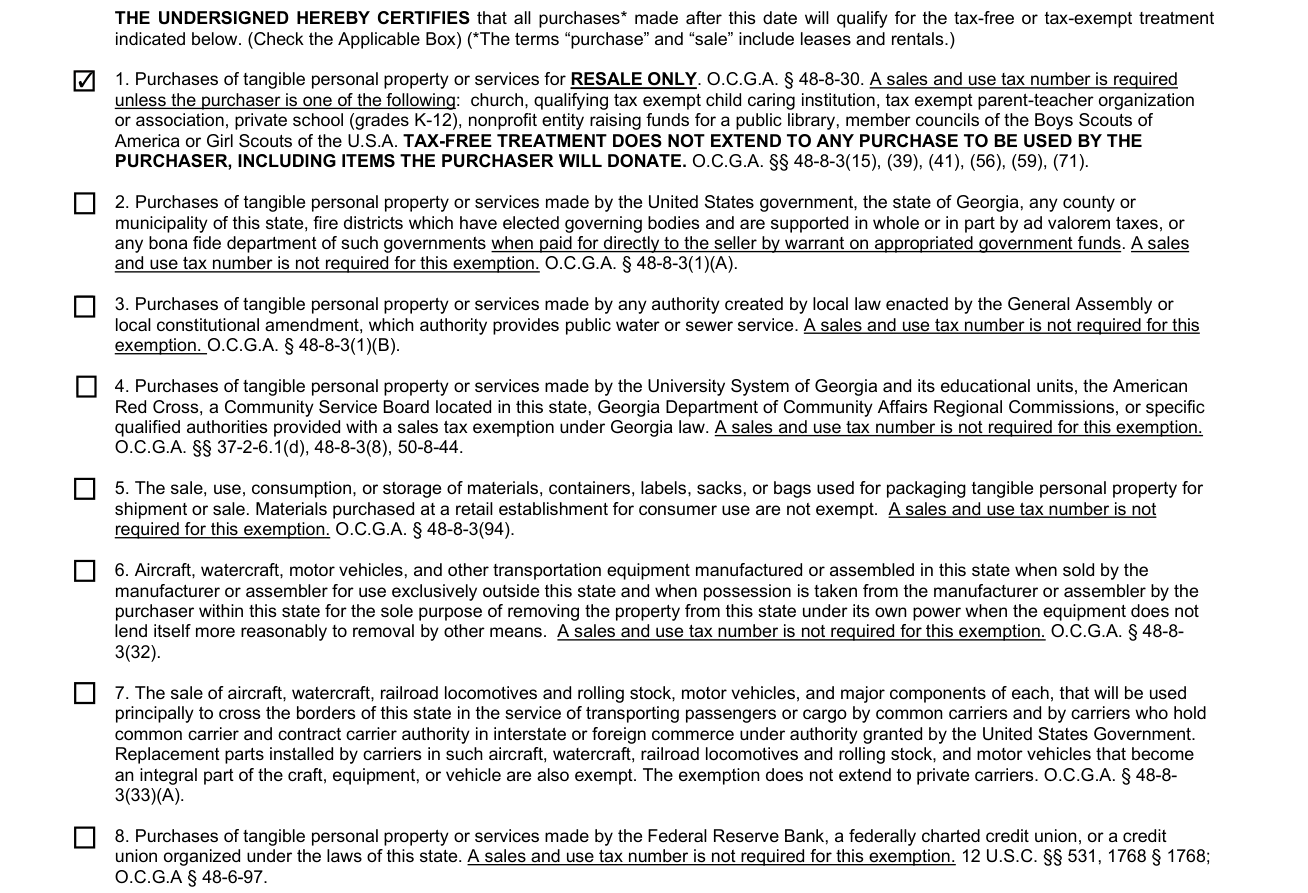 Georgia Form ST 5 example filled out, check the Applicable Box