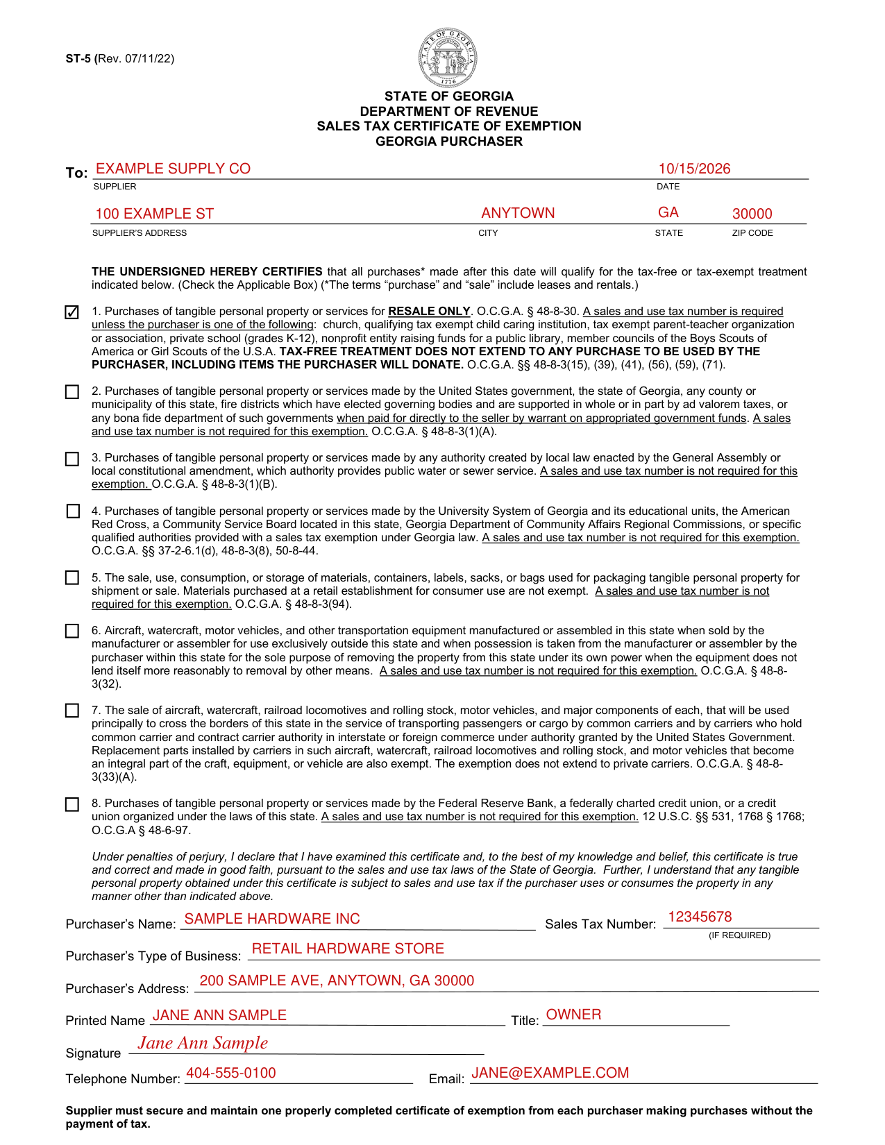 Georgia Form ST 5 example filled out, example: a store certifies its purchases for resale