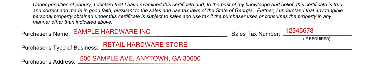 Georgia Form ST 5 example filled out, purchaser's Name, Sales Tax Number, Type of Business and Address
