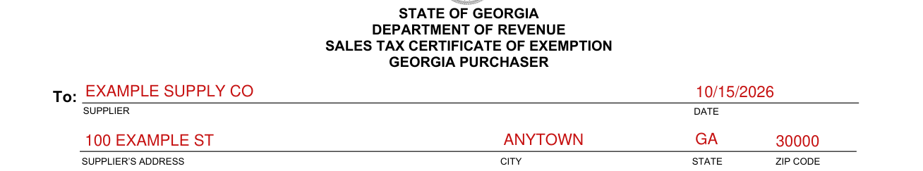 Georgia Form ST 5 example filled out, to: Supplier, Date and Supplier's Address