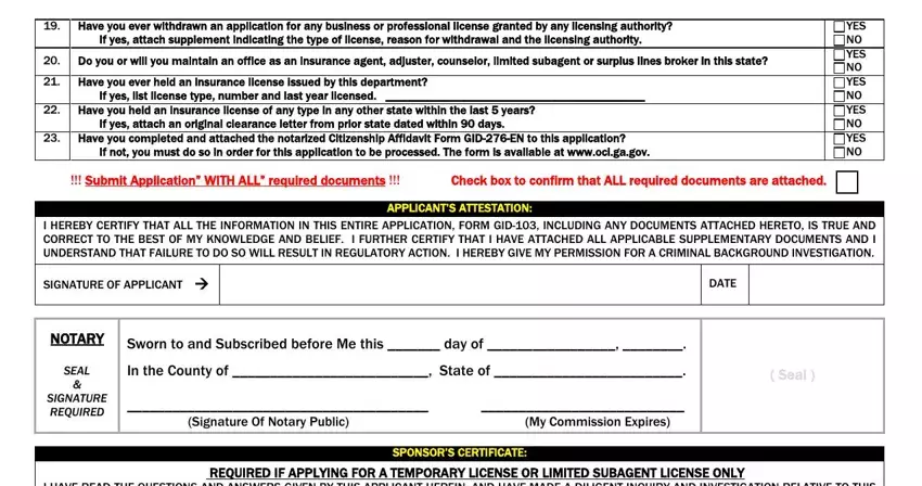 Gid 103 Al Form APPLICANTSATTESTATION, YESNOYESNOYESNOYESNOYESNO, SIGNATUREOFAPPLICANT, DATE, NOTARY, SEAL, SIGNATUREREQUIRED, Seal, and SPONSORSCERTIFICATE fields to complete