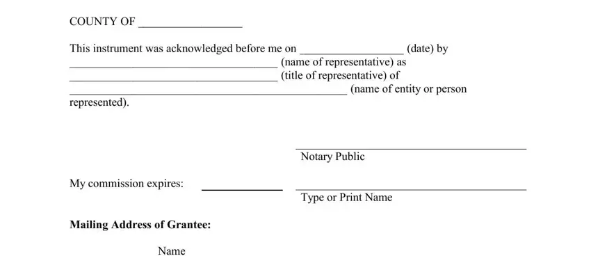 gift deed form STATE OF TEXAS, COUNTY OF, This instrument was acknowledged, Notary Public, Type or Print Name, My commission expires, Mailing Address of Grantee, and Name blanks to complete