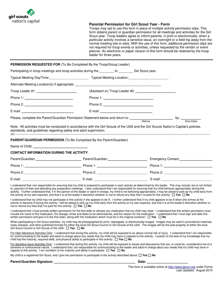 Girl Scout Parent Permission Form first page preview