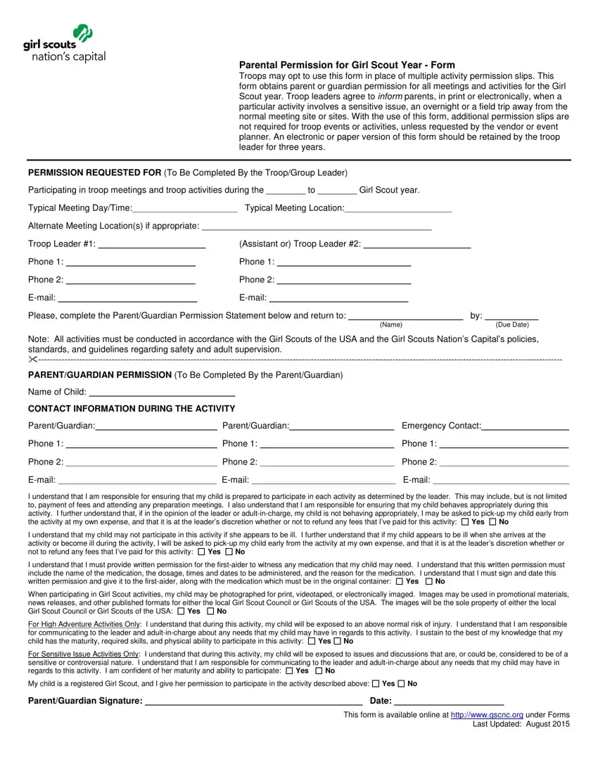 Girls Scouts Permission Slip Pdf Form Formspal 0876