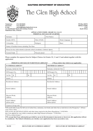 Glen High School Application Form Preview