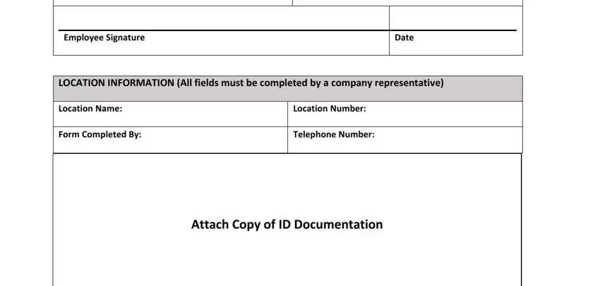 EmployeeSignature, Date, LocationName, FormCompletedBy, LocationNumber, TelephoneNumber, and AttachCopyofIDDocumentation in global cash card blank checkfor direct deposit