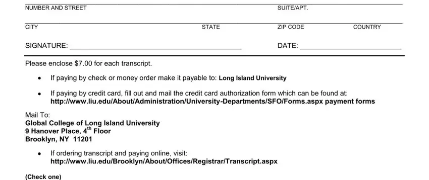 Filling in liu post transcript request step 2