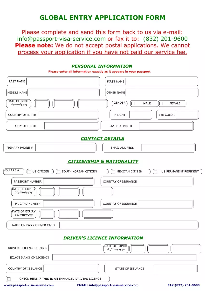 Global Entry Application Form first page preview