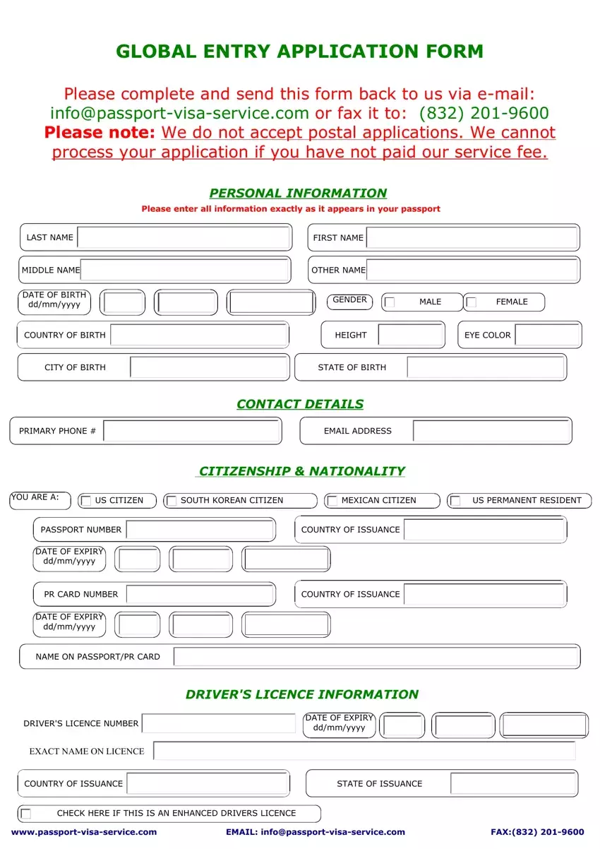 Entry form is