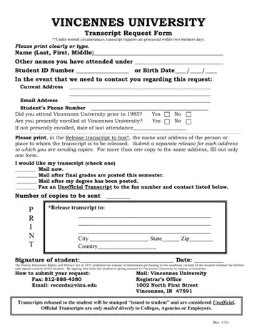 Googlecom Vincennes University Transcript Form Preview