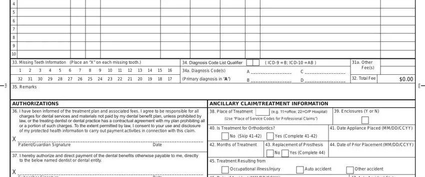 guardian anytime dental provider login Missing Teeth Information Place, Diagnosis Code List Qualifier, ICD  B ICD  AB, a Diagnosis Codes, Primary diagnosis in A, a Other Fees, Total Fee, d o f, Remarks, AUTHORIZATIONS, I have been informed of the, charges for dental services and, X  PatientGuardian Signature Date, f o d, and ANCIllARy ClAImTREATmENT fields to fill