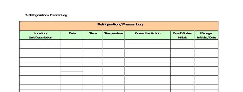 haccp plan templates Refrigeration  Freezer Log, Refrigeration  Freezer Log, Location Unit Description, Date, Time, Temperature, Corrective Action, Food Worker Initials, and Manager Initials  Date blanks to fill