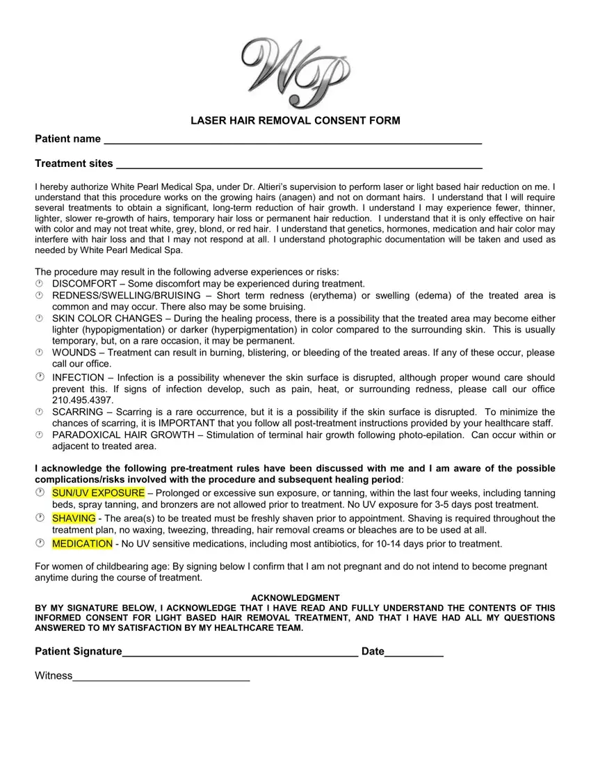 Hair Removal Consent Form first page preview