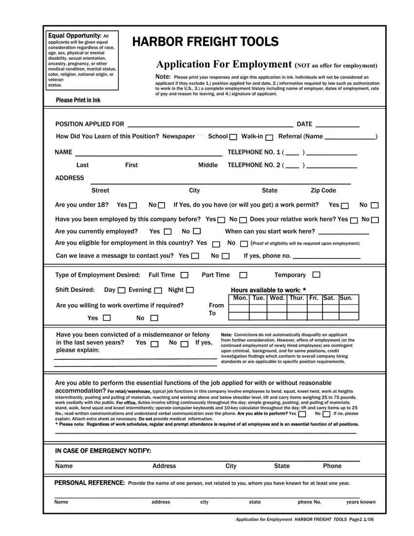 Harbor Freight Application first page preview