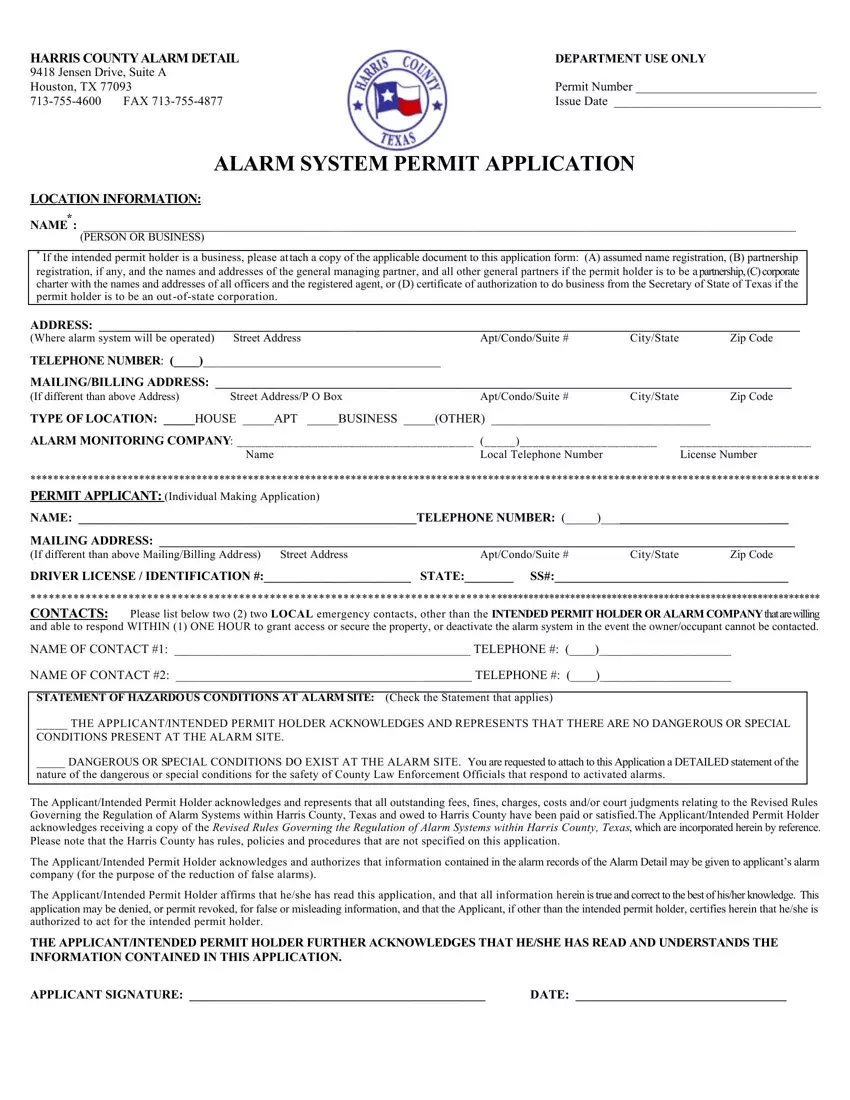 Harris County Alarm Permit first page preview
