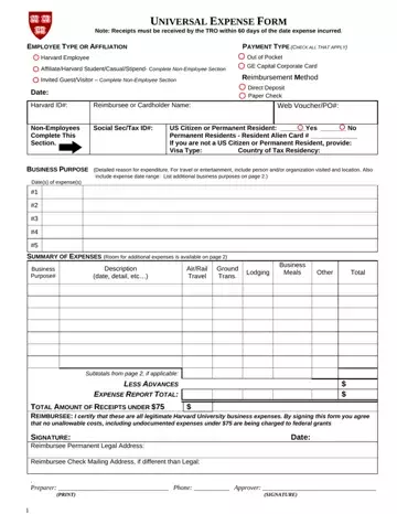 Harvard University Expense Form Preview