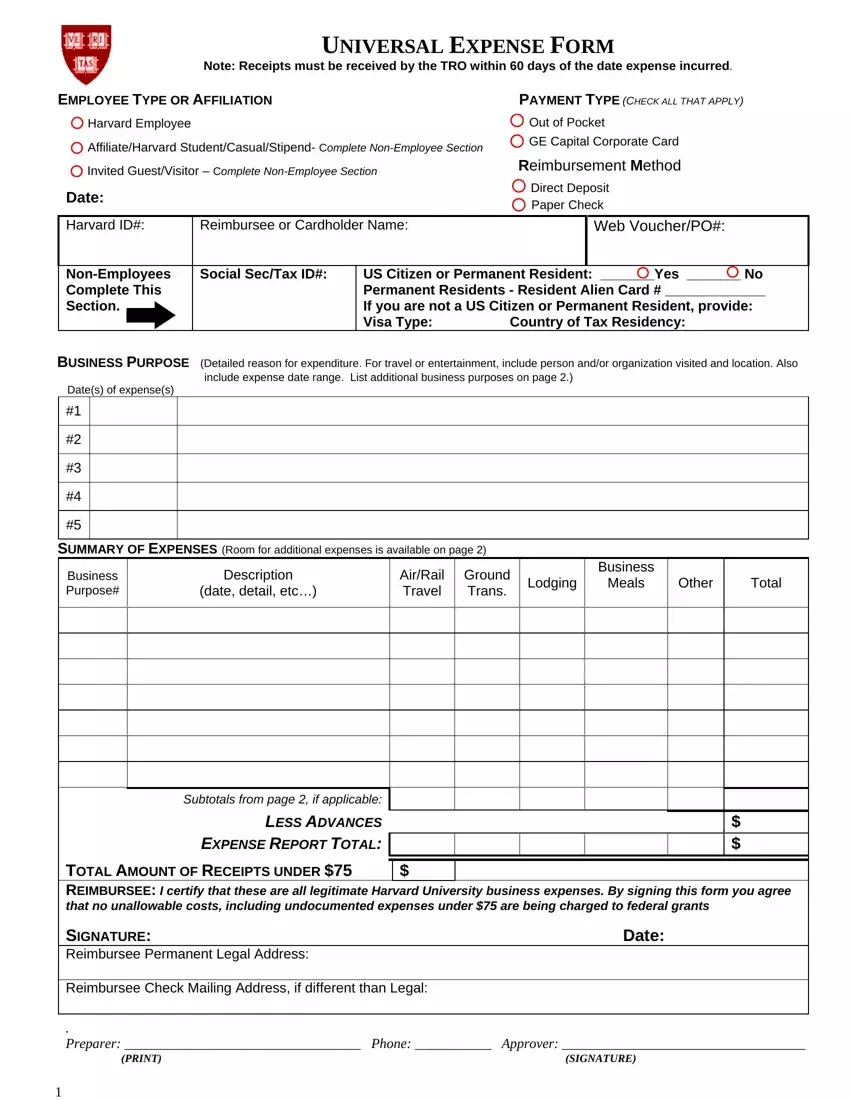Harvard University Expense Form first page preview