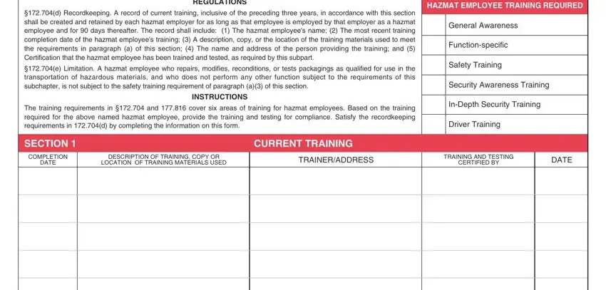 hazmat employee training record form fields to fill in