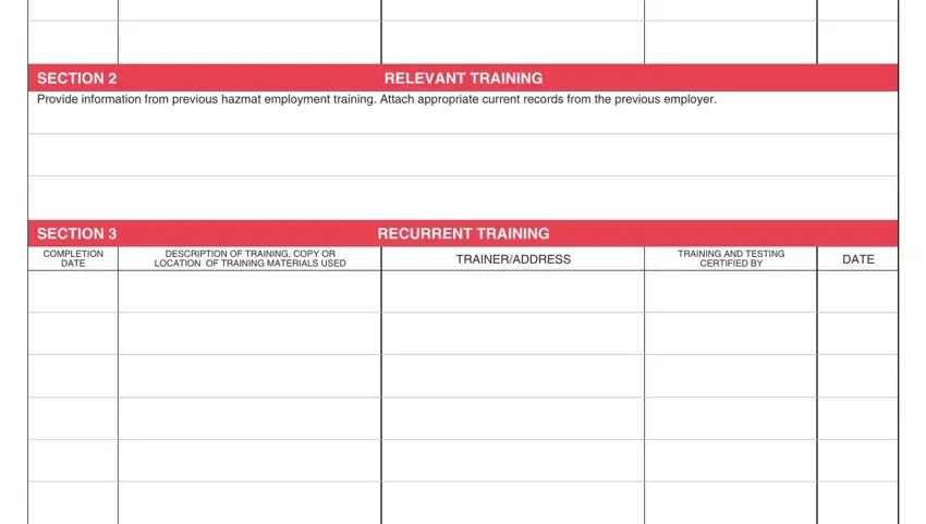 Filling out hazmat employee training record form stage 2