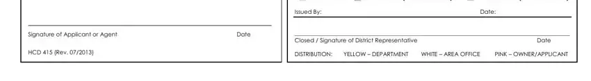 hcd 415 application APPROVED, CONDITIONS see reverse side, DISAPPROVED see reverse side, Issued By, Date, Signature of Applicant or Agent, HCD  Rev, Date, Closed  Signature of District, Date, DISTRIBUTION YELLOW  DEPARTMENT, and WHITE  AREA OFFICE PINK fields to fill out