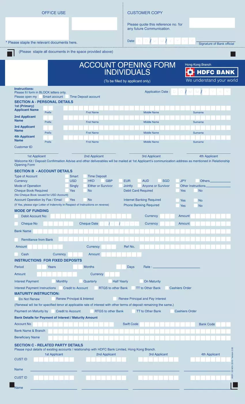Hdfc Bank Account Opening Form first page preview