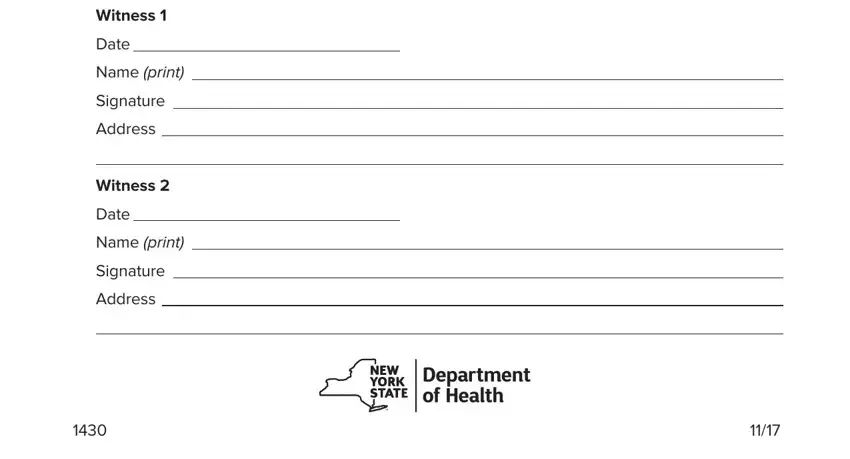 health care proxy form Witness, Date, Name print, Signature, Address, Witness, Date, Name print, Signature, Address, and Department of Health fields to fill