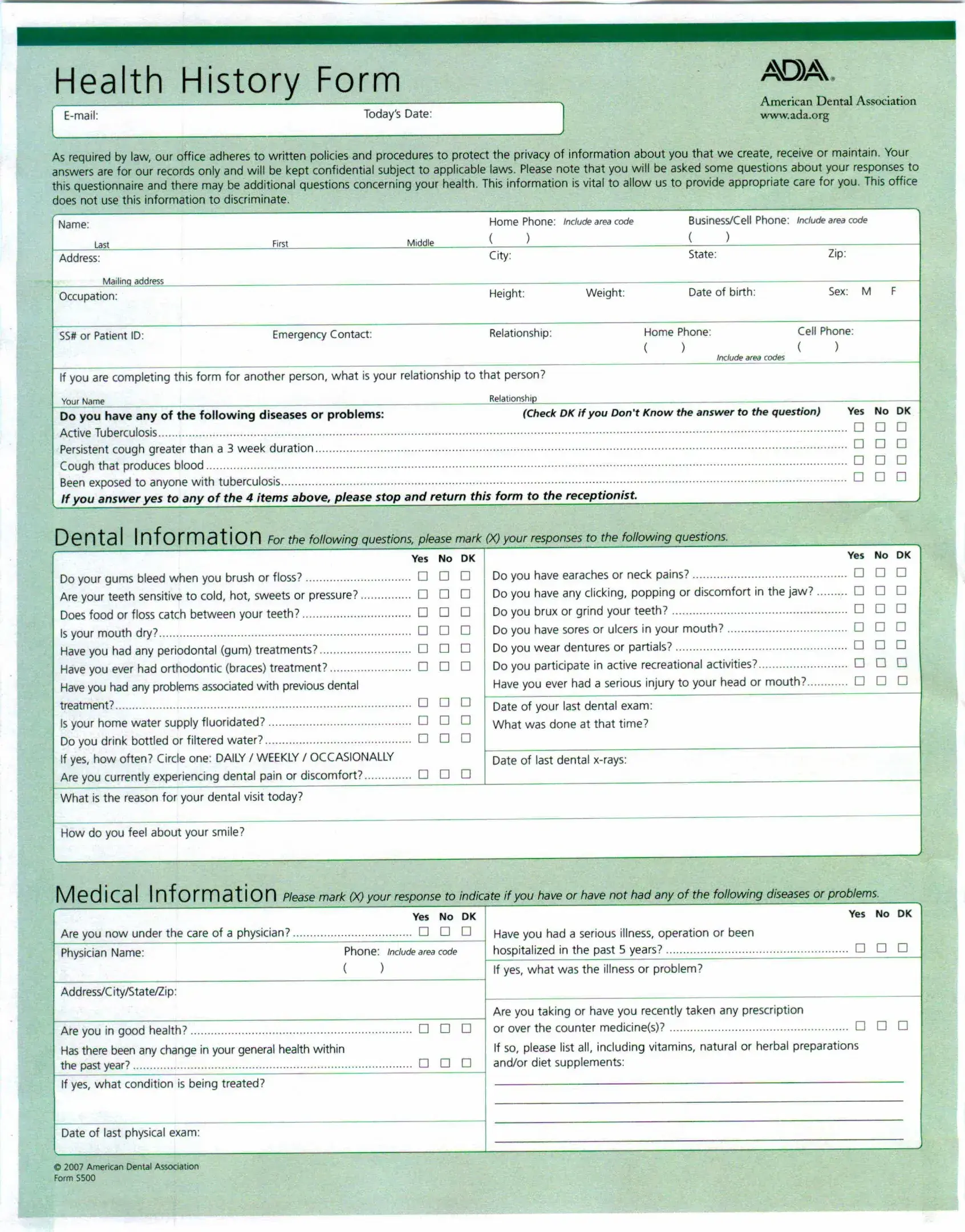 Health History Form Ada Fill Out Printable PDF Forms Online