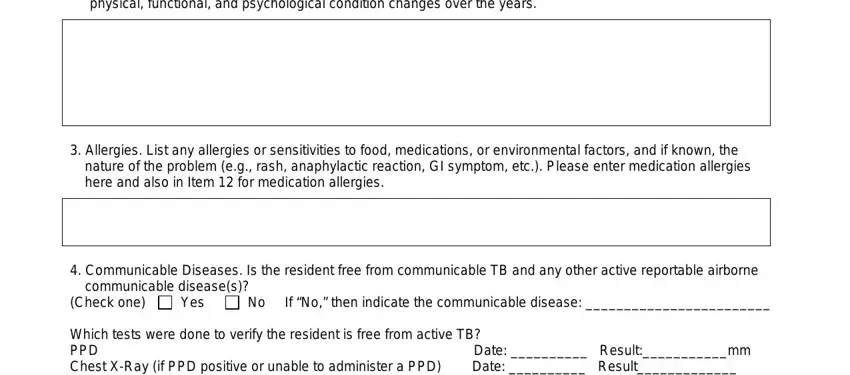 care practitioner physical assessment form physical functional and, Allergies List any allergies or, nature of the problem eg rash, Communicable Diseases Is the, communicable diseases, Check one, Yes, No If No then indicate the, Which tests were done to verify, and Date  Resultmm fields to fill out