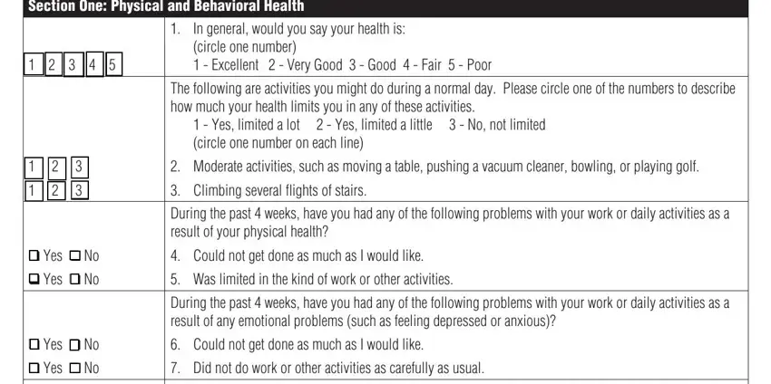 medicare health risk assessment questionnaire form Section One Physical and, In general would you say your, circle one number   Excellent, The following are activities you, Yes limited a lot   Yes limited, Moderate activities such as, Climbing several ﬂights of stairs, During the past  weeks have you, q Yes q No q Yes q No, Could not get done as much as I, Was limited in the kind of work, During the past  weeks have you, q Yes q No q Yes q No, Could not get done as much as I, and Did not do work or other fields to insert