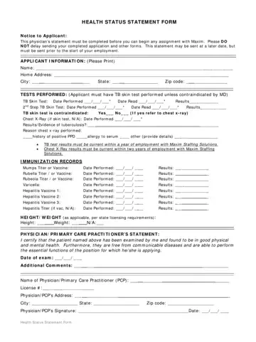 Health Status Statement Form Preview