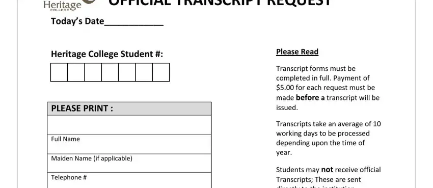 entering details in request transcripts from heritage college step 1