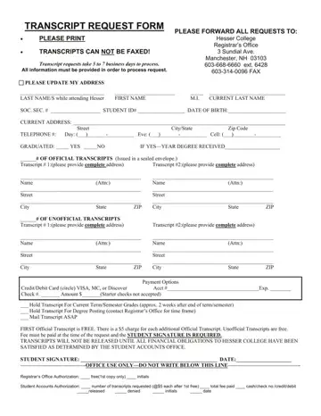 Hesser College Transcript Request Form Preview