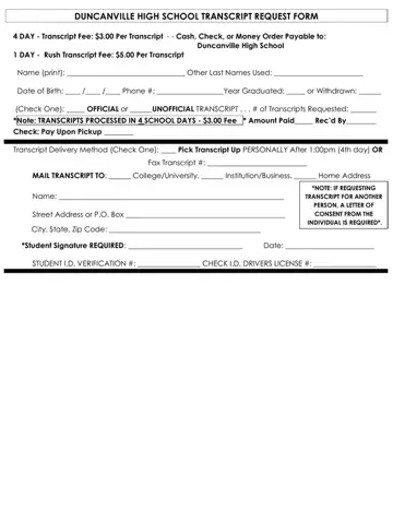 High School Transcript Request Form Preview