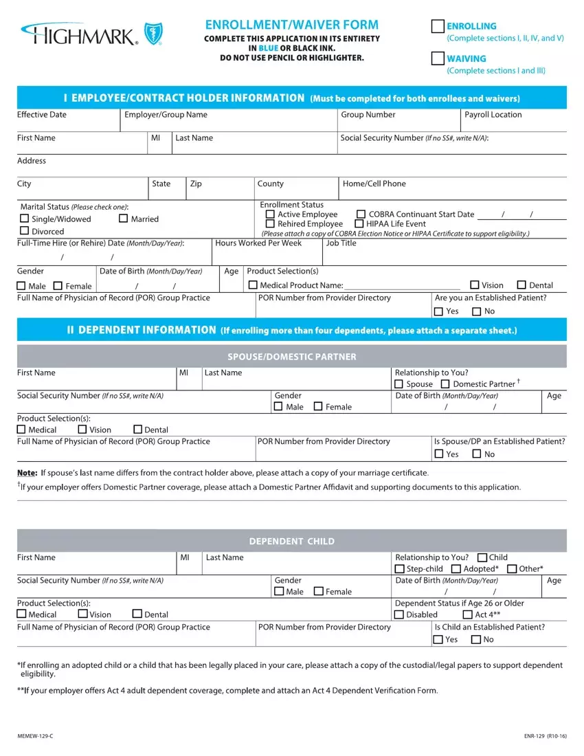 Highmark Enrollment Form first page preview