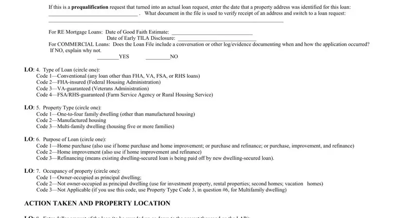 hmda collection form sample Datecreditwaspulledonapplicant, DateofEarlyTILADisclosure, LOTypeofLoancircleone, YES, and LOPropertyTypecircleone fields to fill