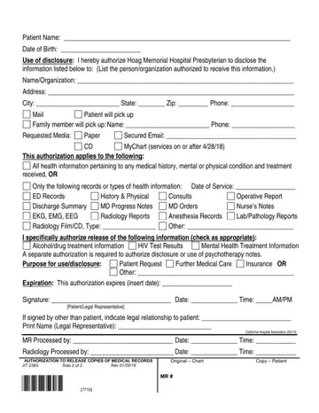 Hoag Medical Records Form Preview